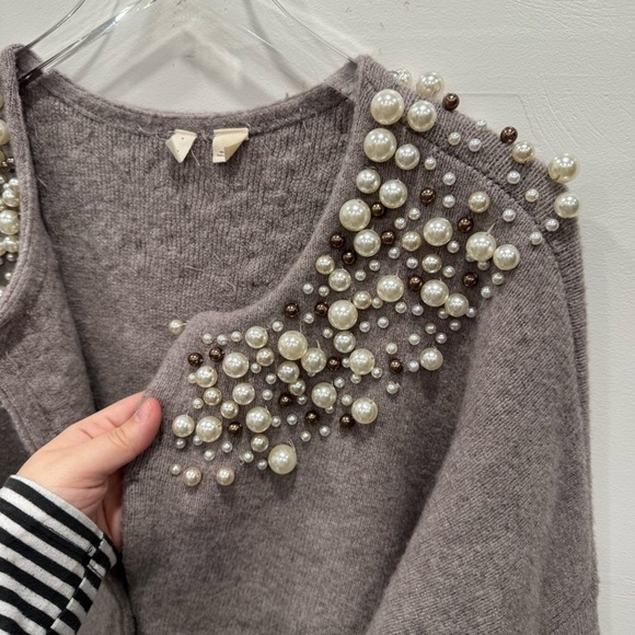 Anthropologie Moth Cardigan Sweater Pearl Neck Taupe Grey Alpaca Wool Large - Picture 5 of 11